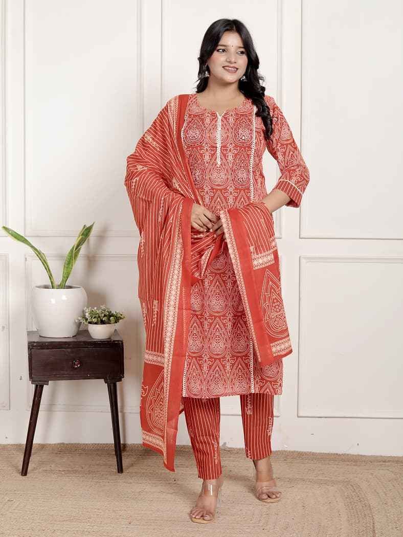 Classic Rust Cotton Kurta Pant with Printed Dupatta